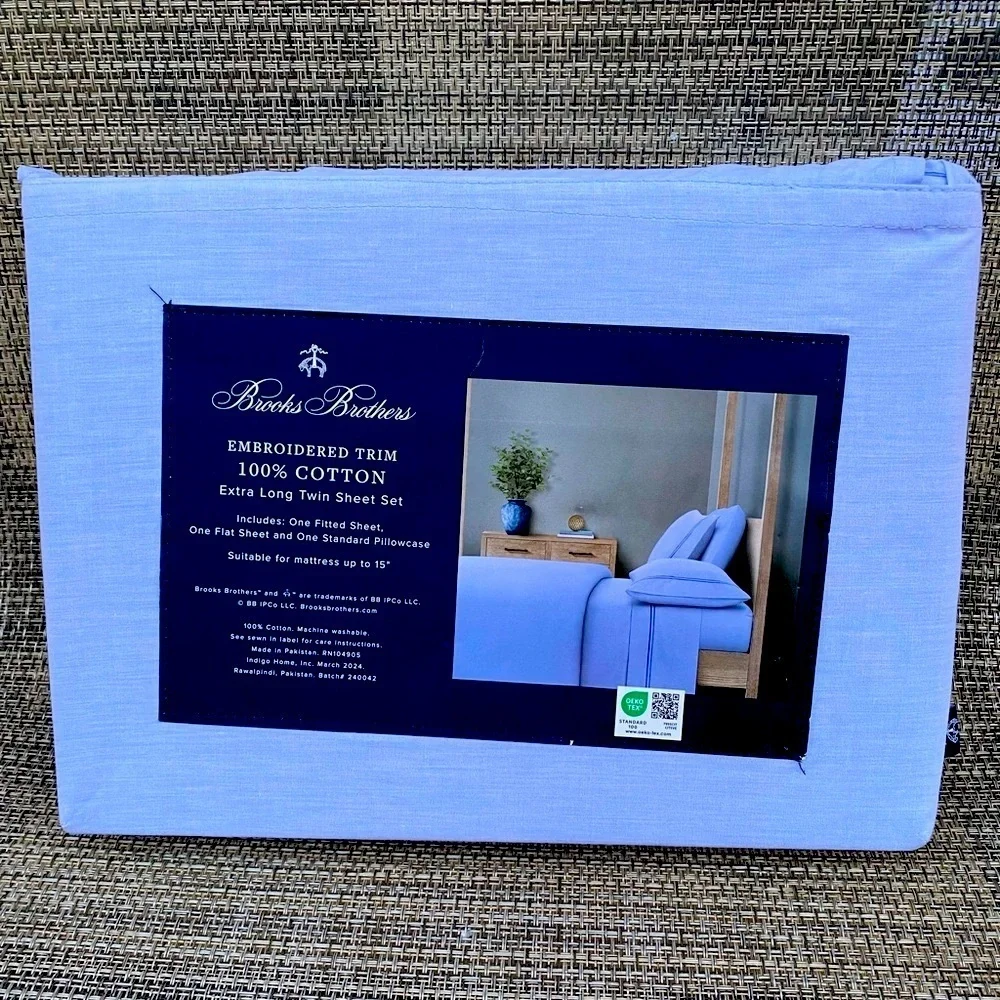 Brooks Brothers Brooks Embroidered Blue Cotton TWIN XL Sheet Set 3pc
